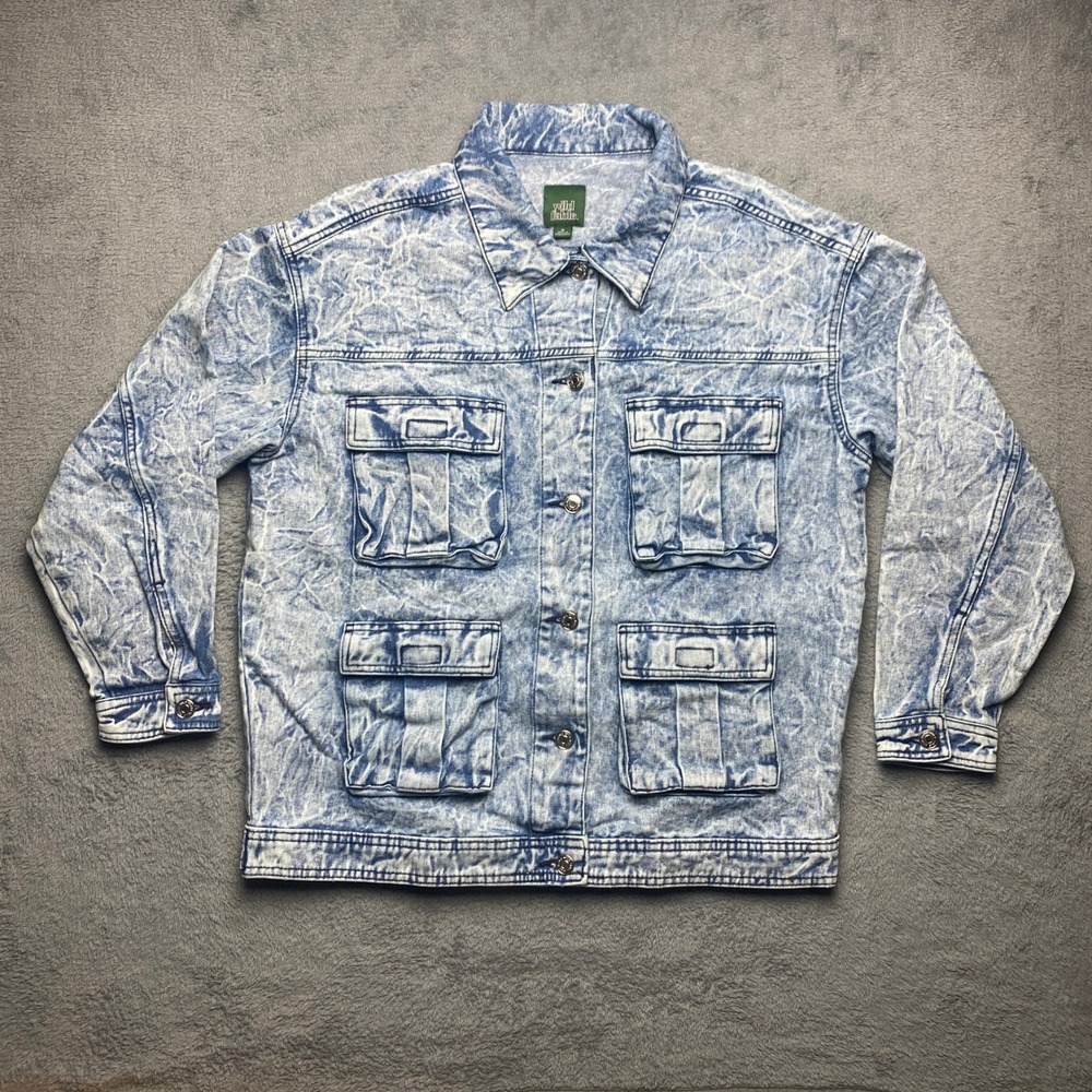 Wild Fable Jean Jacket Womens Medium Blue Distressed Denim Wash Cargo Pockets